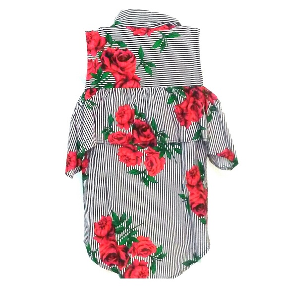 🌹Hint of Blush Pinup Striped Roses Cold Shoulder - Picture 2 of 4